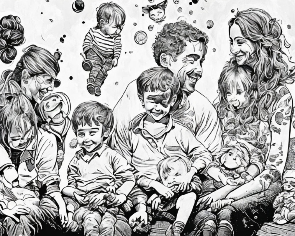 Sketch of Happy Family with Multiple Children Playing and Laughing