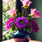 Colorful Pink and Purple Flower Bouquet in Green Vase on Wooden Table with Blossoming Trees View