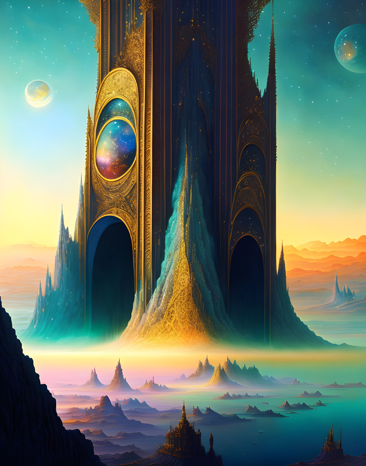 Alien structures in vibrant otherworldly landscape