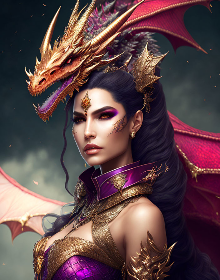 Dark-haired woman in dragon armor with majestic dragon.