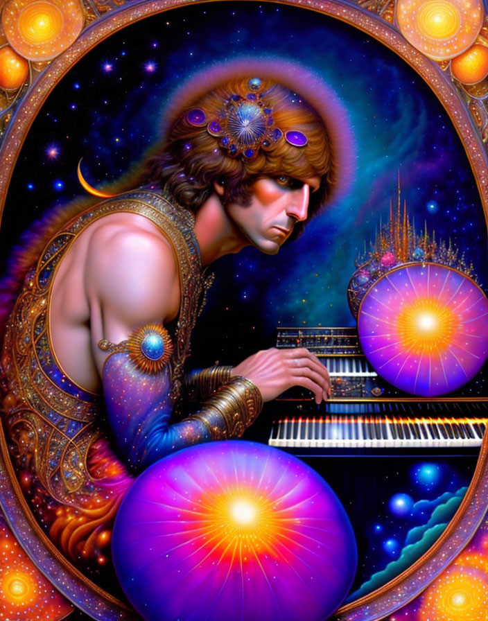 Psychedelic portrait of man playing piano in cosmic setting