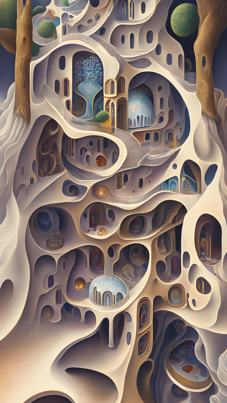 Surreal Architectural Space with Organic Forms and Colors