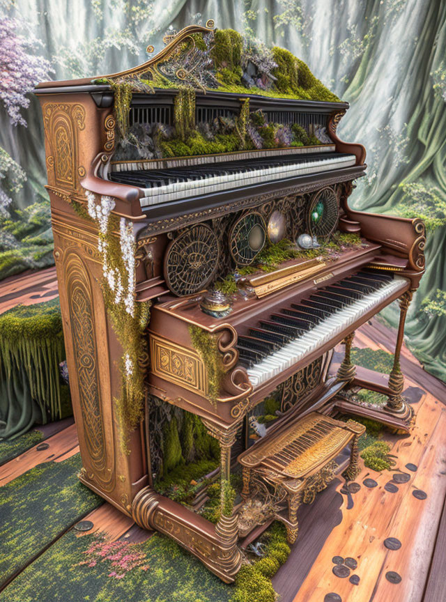 Moss-covered piano in forest setting with ivy vines