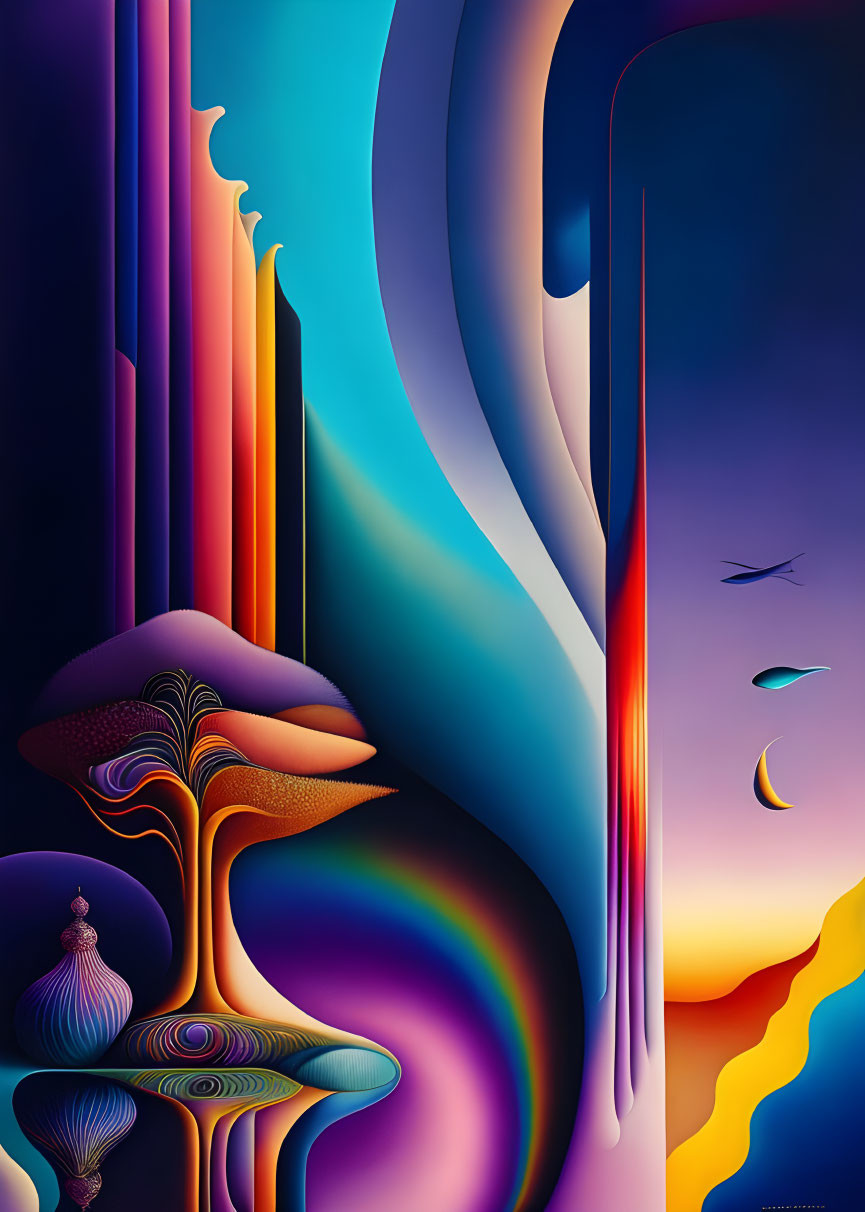 Vibrant surreal landscape with abstract shapes and birds against gradient sky