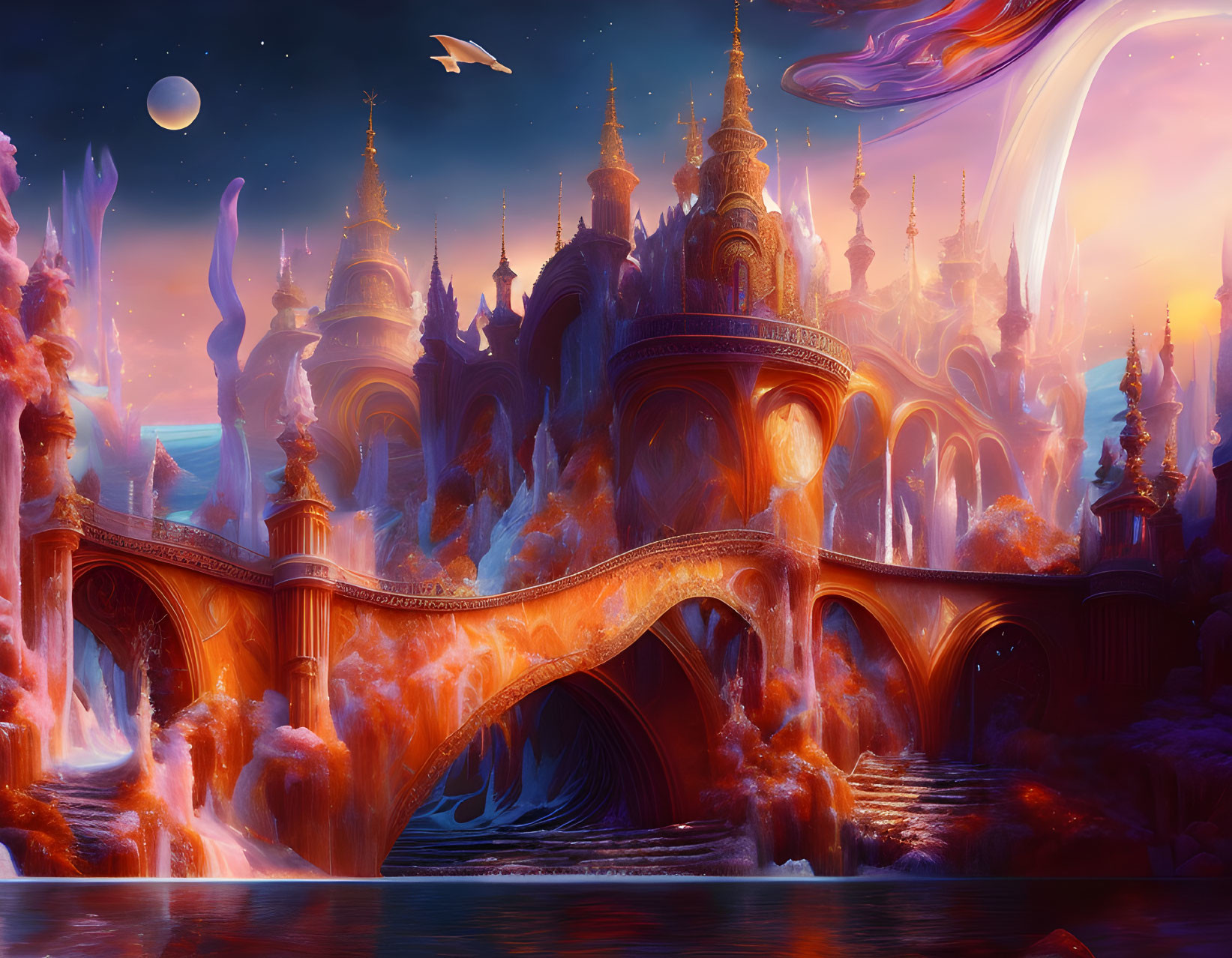 Orange and Blue Castle with Ornate Spires by Waterfall and Planet Sky