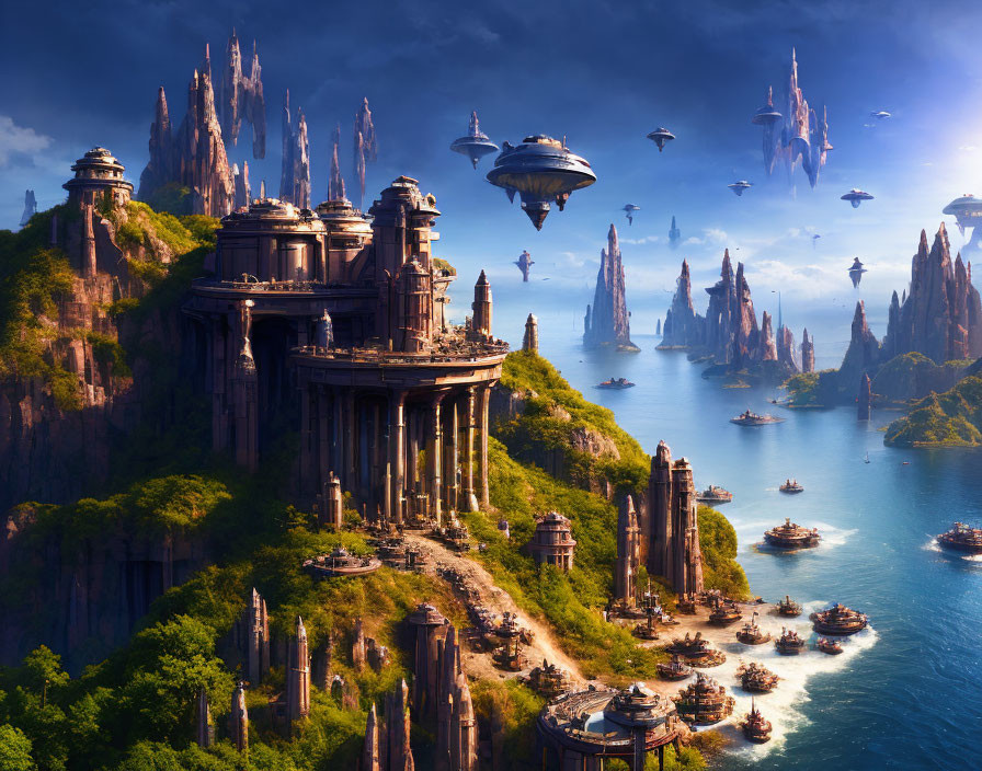 Fantastical Coastal City with Flying Ships & Towering Spires