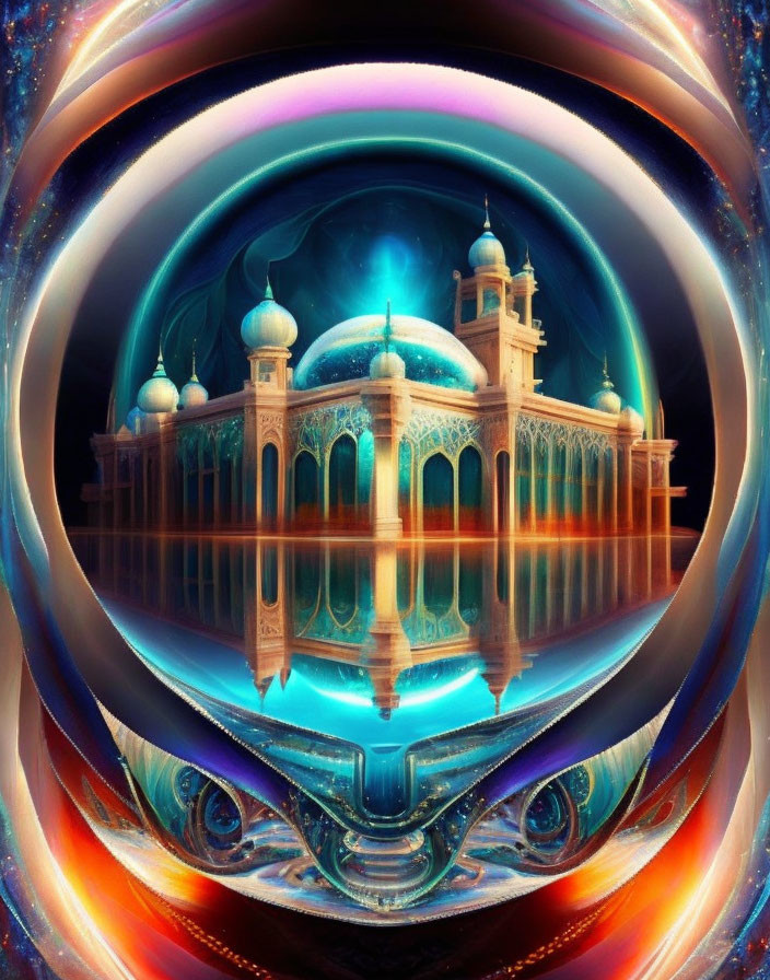 Vibrantly colored mosque with domes and minarets in surreal cosmic setting