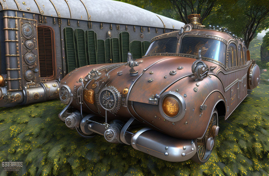 Steampunk-style vehicle with brass details and vintage elements parked next to metal-clad structure.