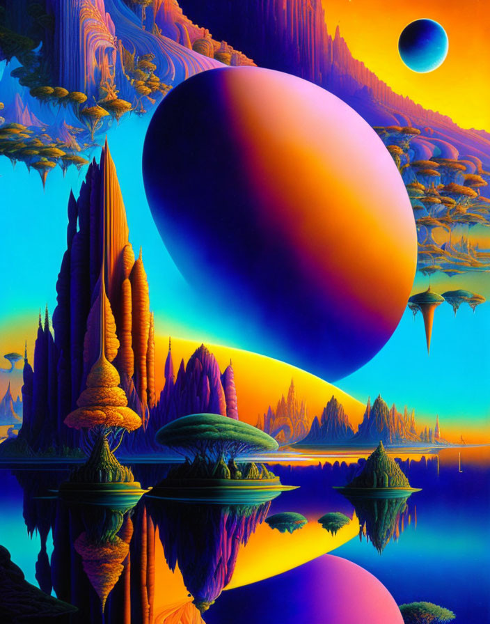 Colorful fantasy landscape with spires, planet, and moon in vivid sky