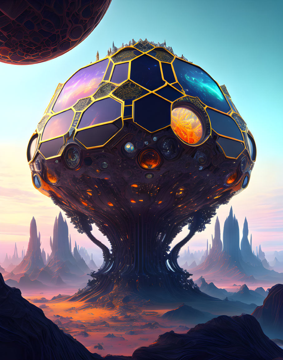 Alien tree-like structure with hive habitat on surreal landscape