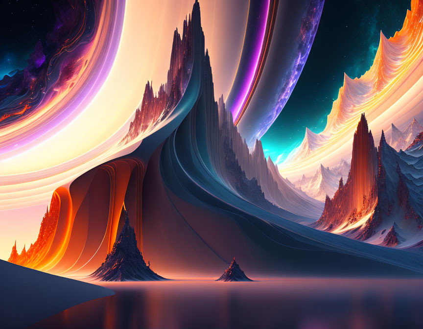 Vibrant surreal landscape with swirling colors and cosmic sky