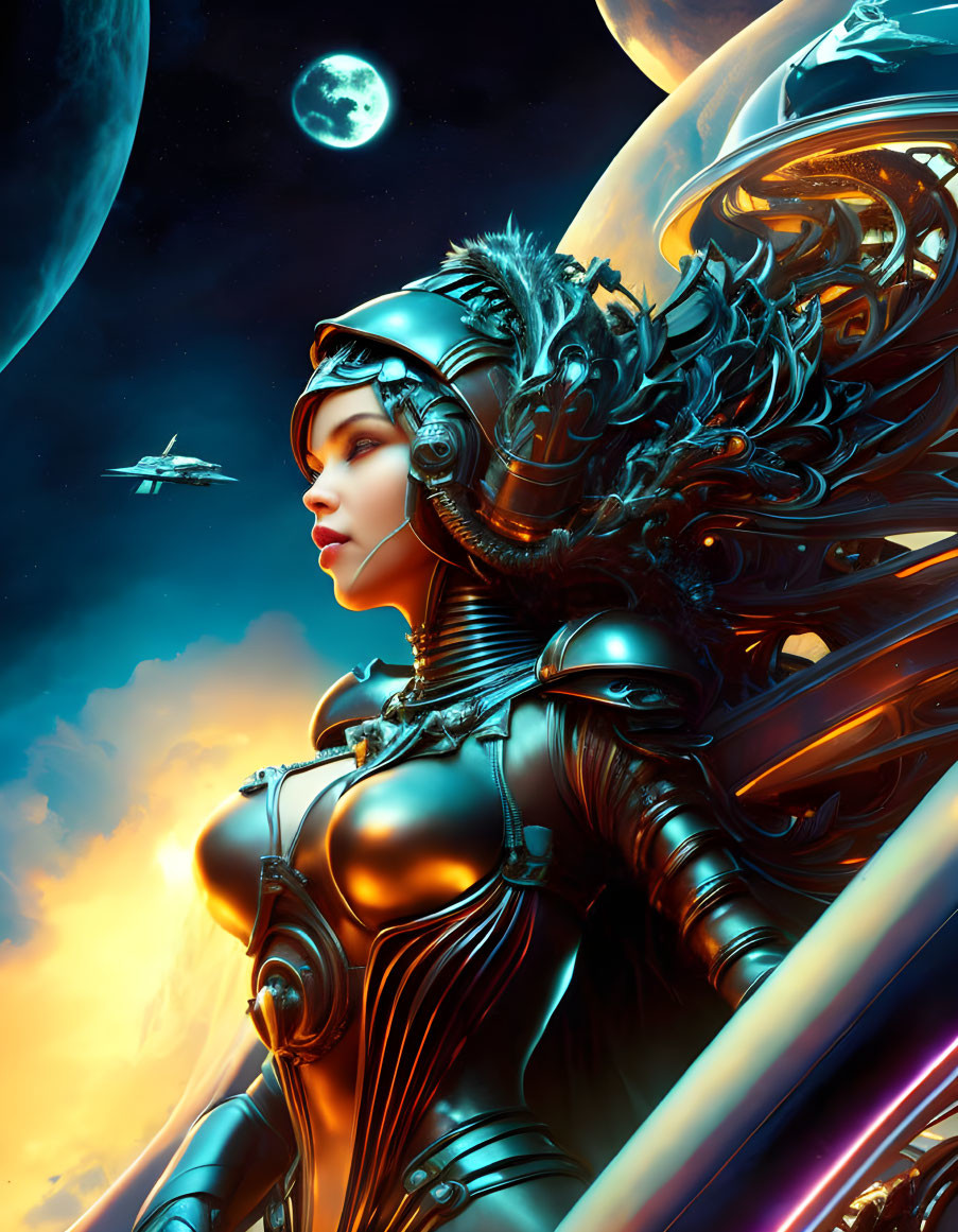 Futuristic female warrior digital artwork with cosmic backdrop