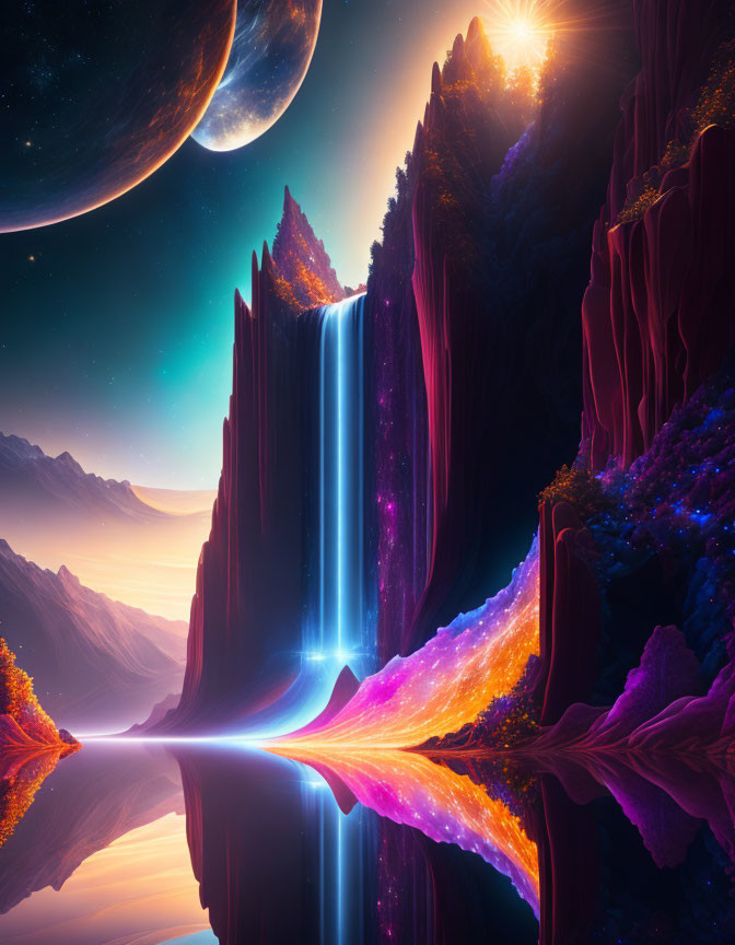 Vibrant digital artwork of fantastical landscape with glowing waterfall