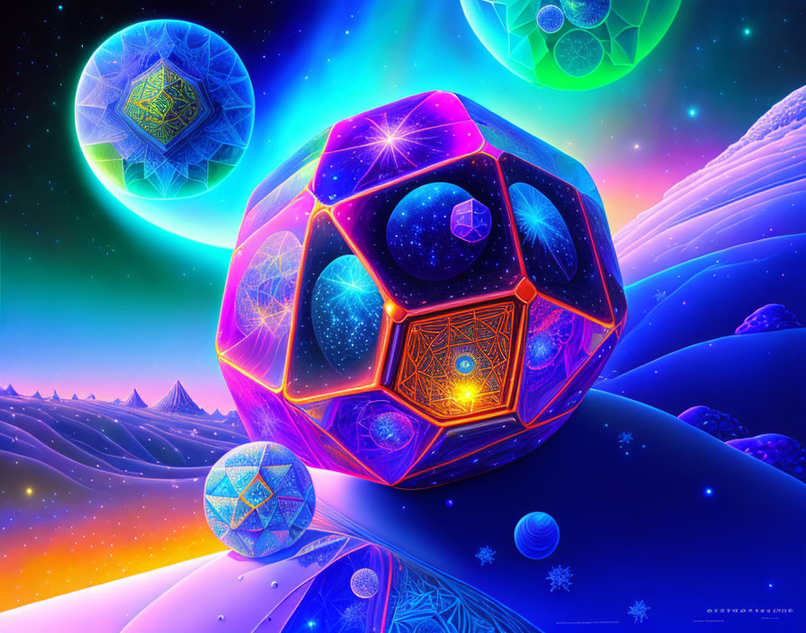 Colorful digital artwork: Geometric shapes, intricate patterns, cosmic backdrop