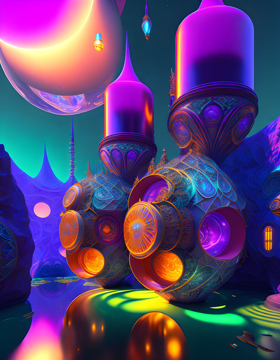 Surreal landscape with glowing structures and alien planets