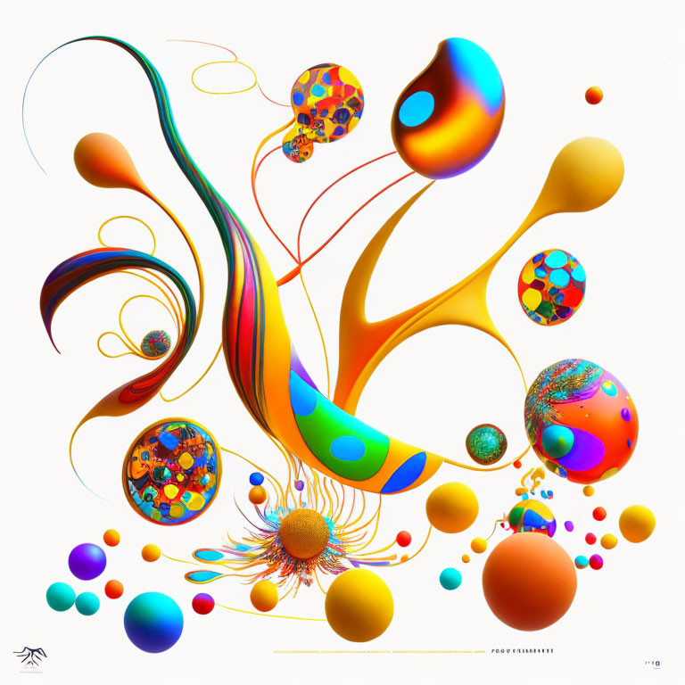 Vibrant Abstract Artwork with Swirling Forms and Gradient Orbs
