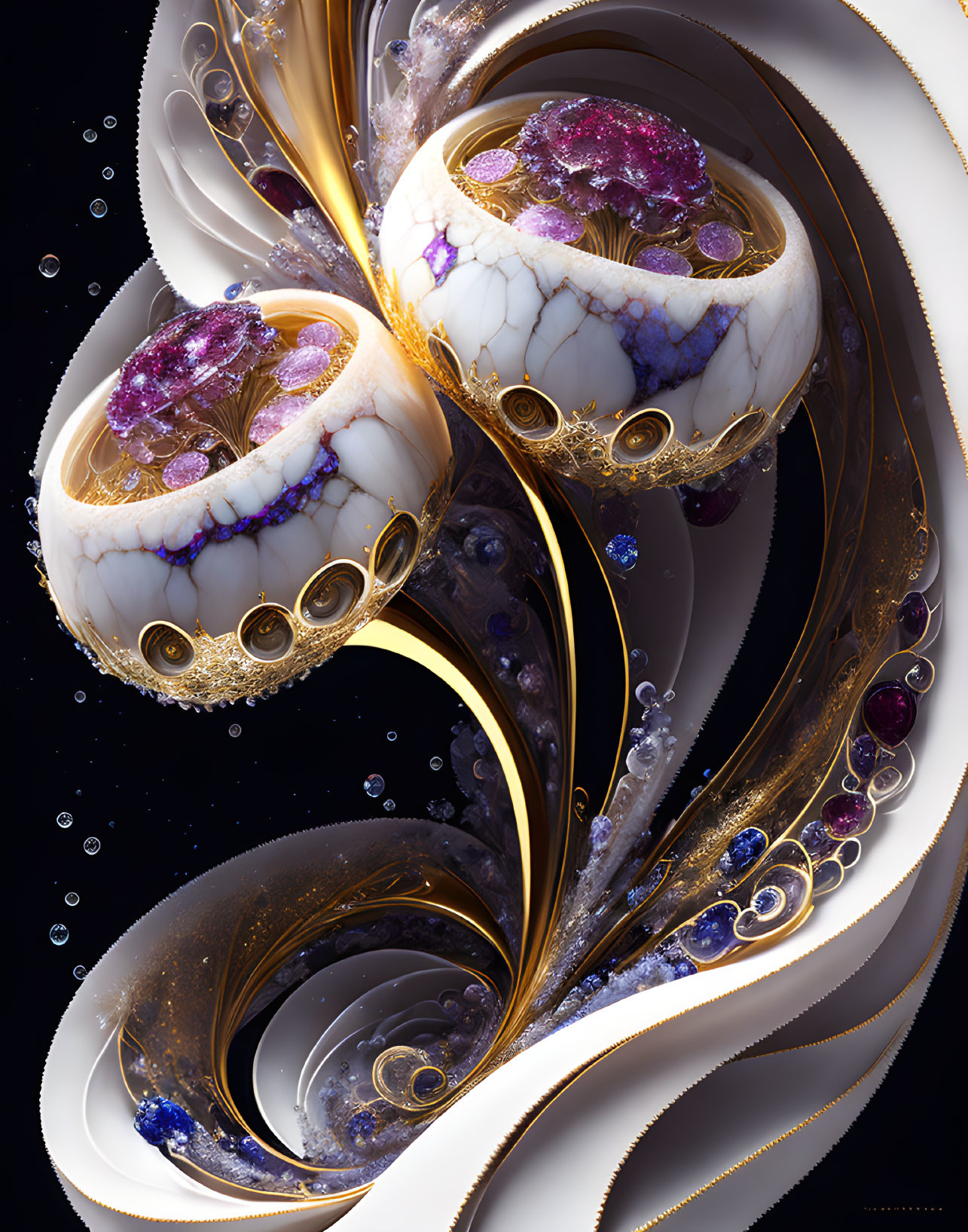 Surreal digital artwork: gold-fractal sculpture with marble textures & gemstones