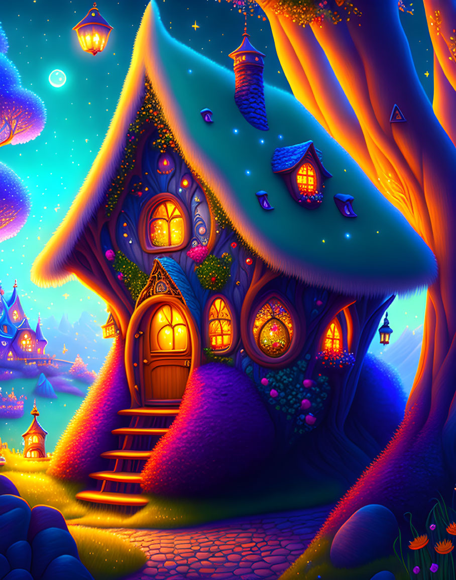 Enchanted forest illustration with magical treehouse