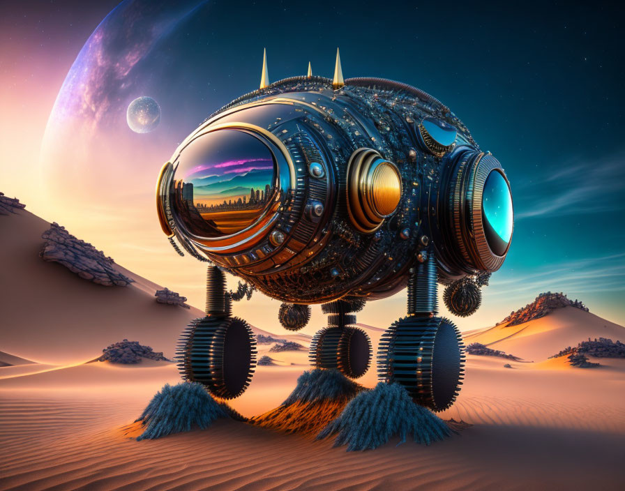 Futuristic spherical vehicle on alien landscape with spiked wheels.