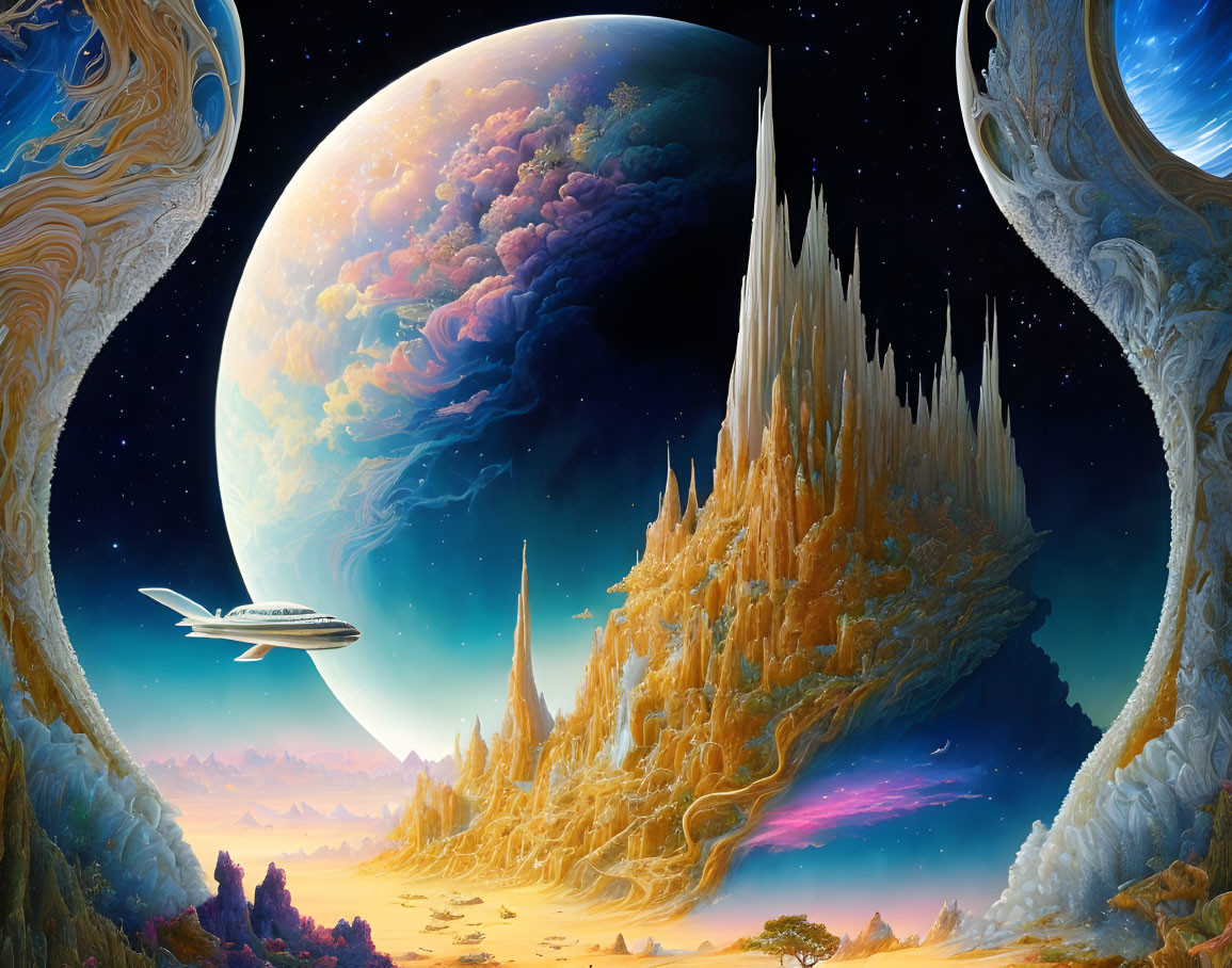 Majestic alien terrain with spire-like formations under colorful planet