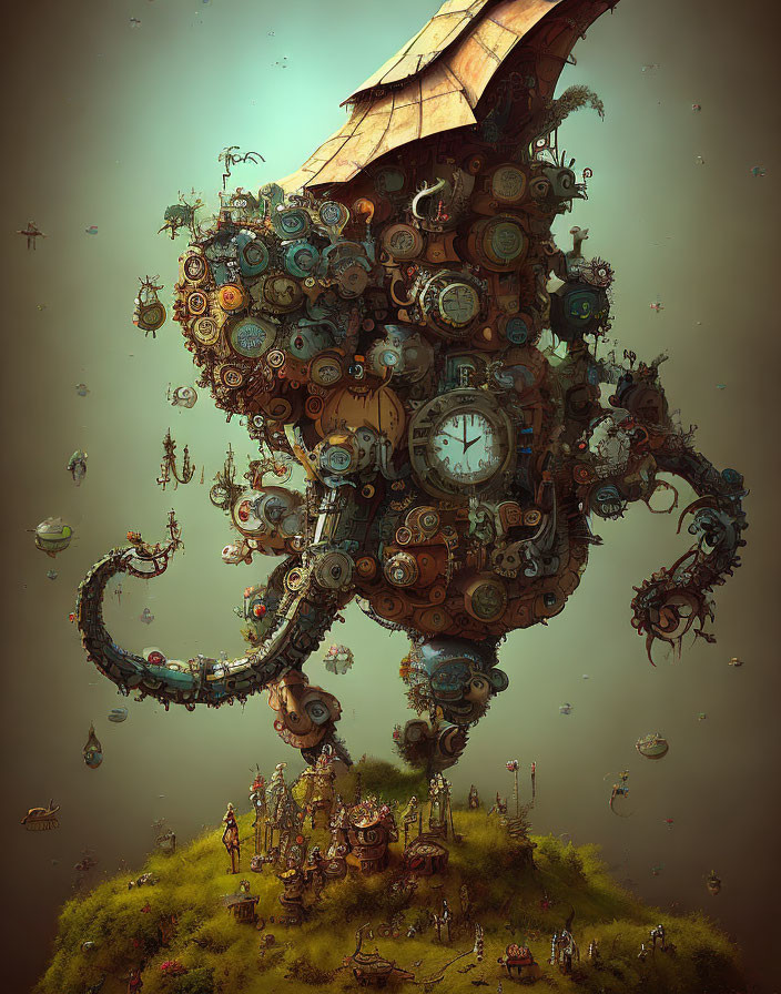 Fantastical tree with mechanical gears and clocks in whimsical landscape