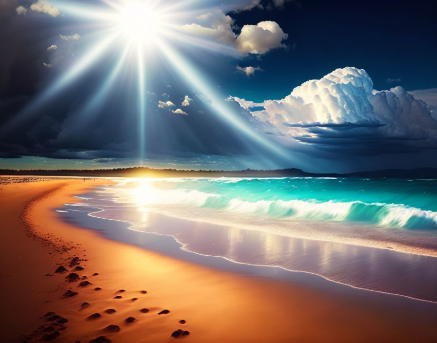 Radiant sun over turquoise sea with golden sand and footprints
