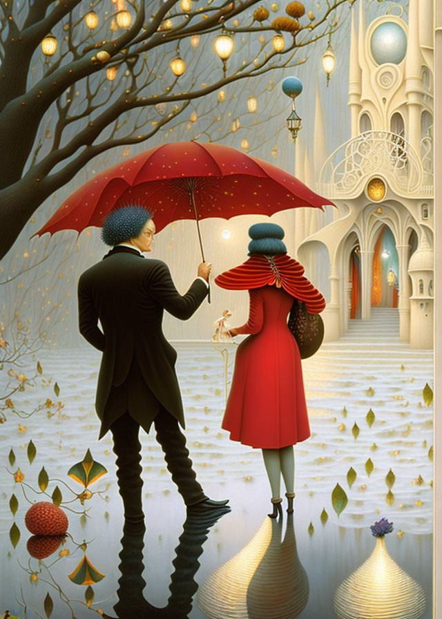 Figures under red umbrella near glowing architectural structure