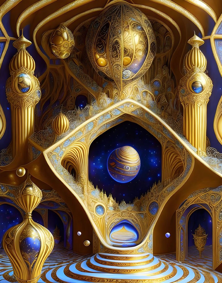Ornate golden interior with cosmic backdrop and keyhole portal