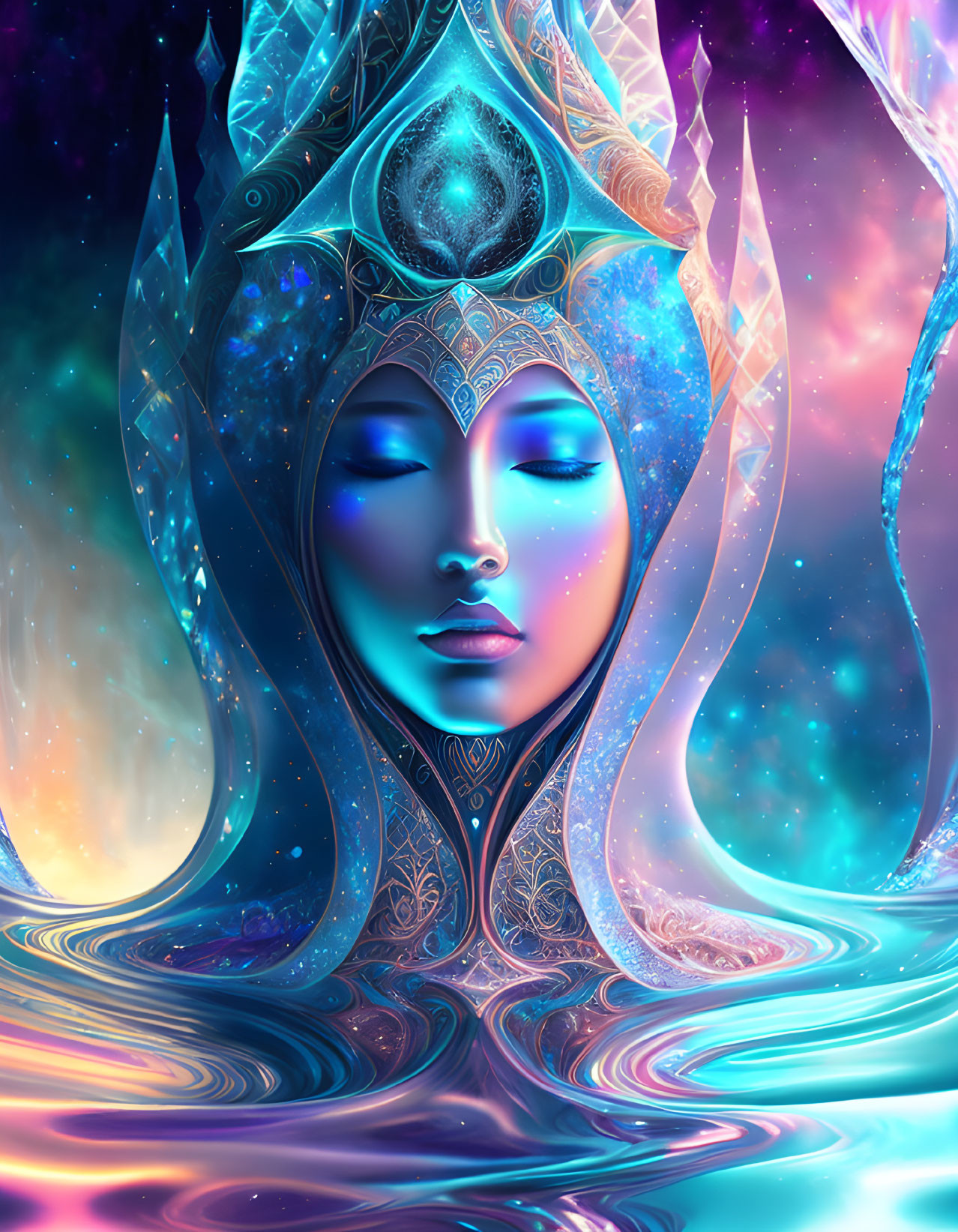 Cosmic-themed female figure with ornate headdress in vibrant galactic colors