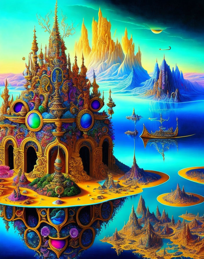 Colorful surreal landscape with fantasy castle and floating islands