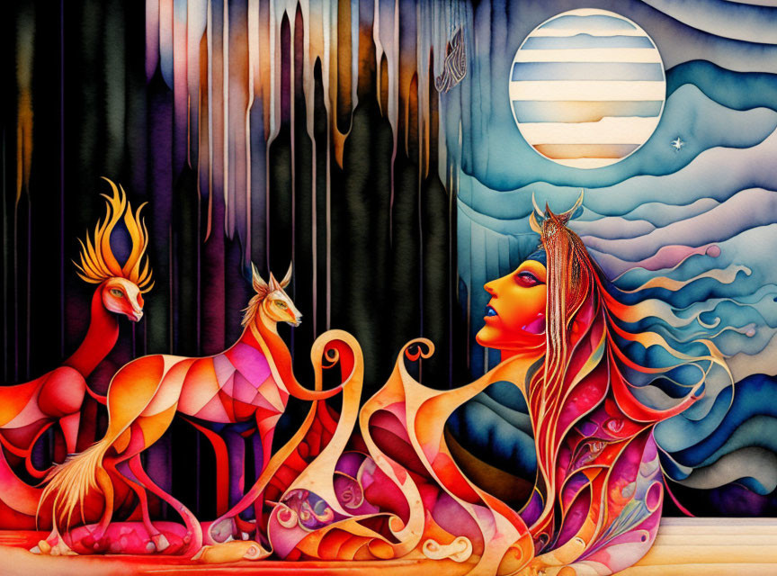 Colorful artwork of stylized woman and mythical creature in fantastical landscape