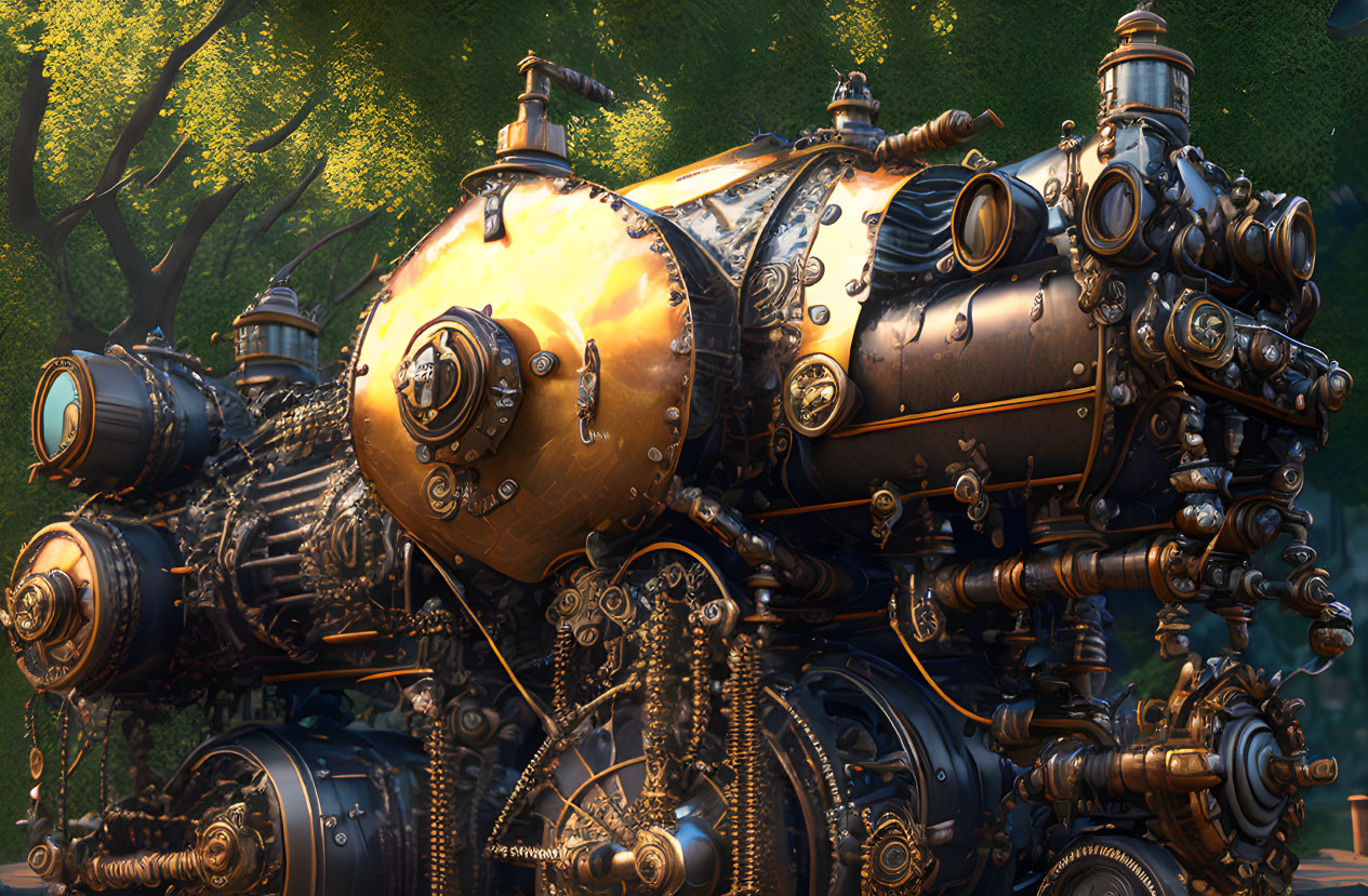 Steampunk-style machine with copper and dark metal textures in forest setting