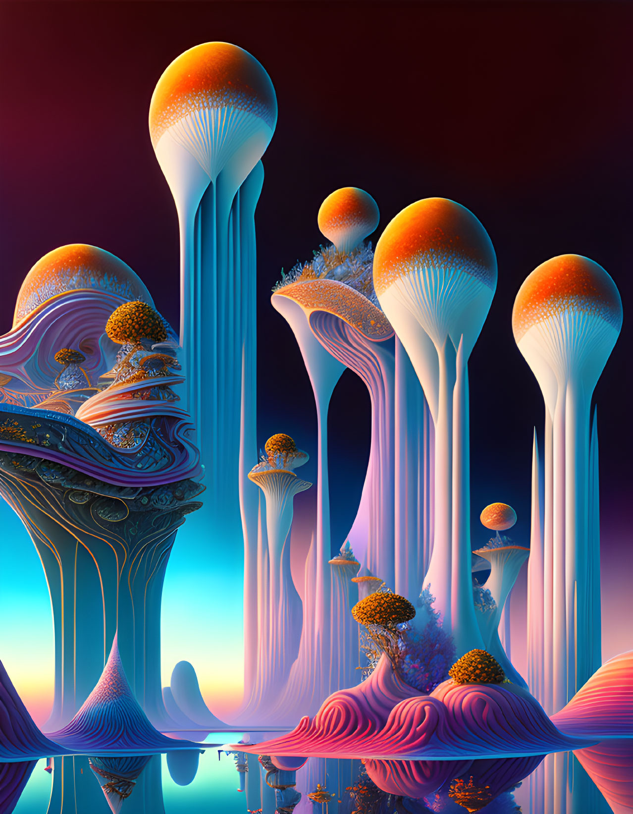 Vibrant surreal landscape with tall mushroom structures.