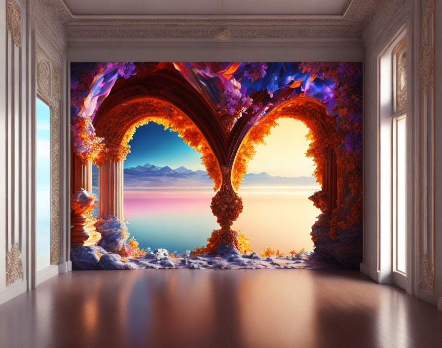 Surreal archway with autumn tree in classic room leading to fantasy landscape