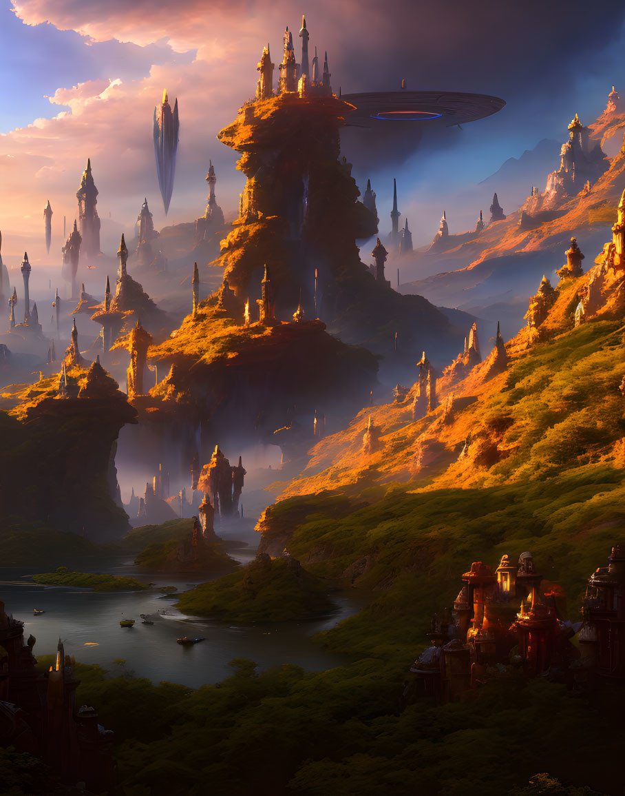 Fantastical landscape with towering rock formations and futuristic architecture.