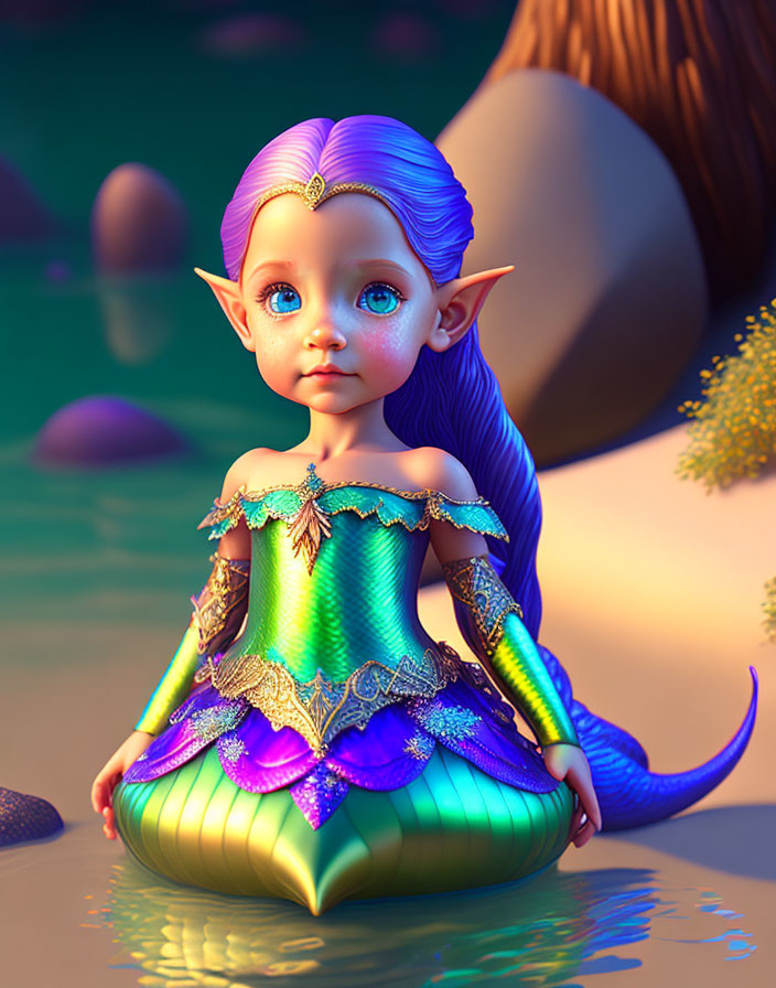 Vibrant 3D illustration of whimsical elf character on rock