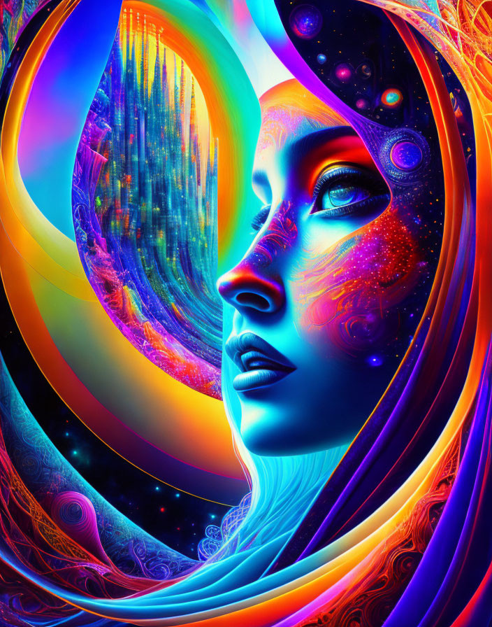 Colorful Psychedelic Portrait of Woman with Cosmic and Nature Elements