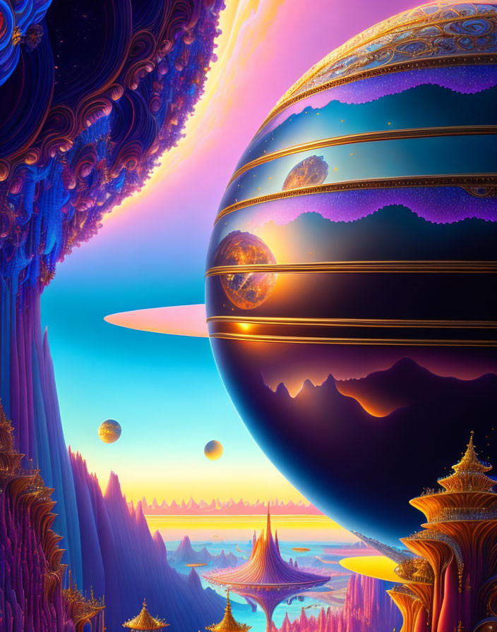 Colorful Sci-Fi Landscape with Ornate Planet and Alien Architecture