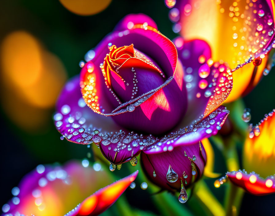 Purple Tulip Covered in Sparkling Water Droplets on Bokeh Background