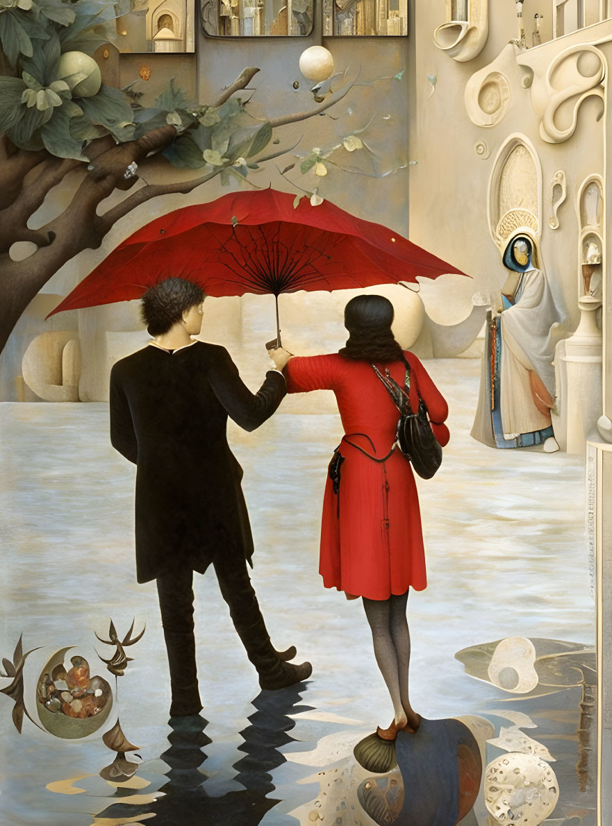 Surreal painting featuring person with red umbrella and spiky hair, surrounded by floating eggs.