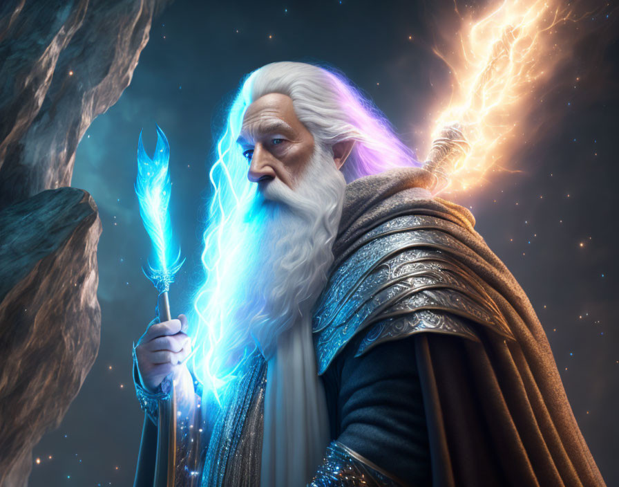 Elderly wizard with glowing staff in mystical night scene