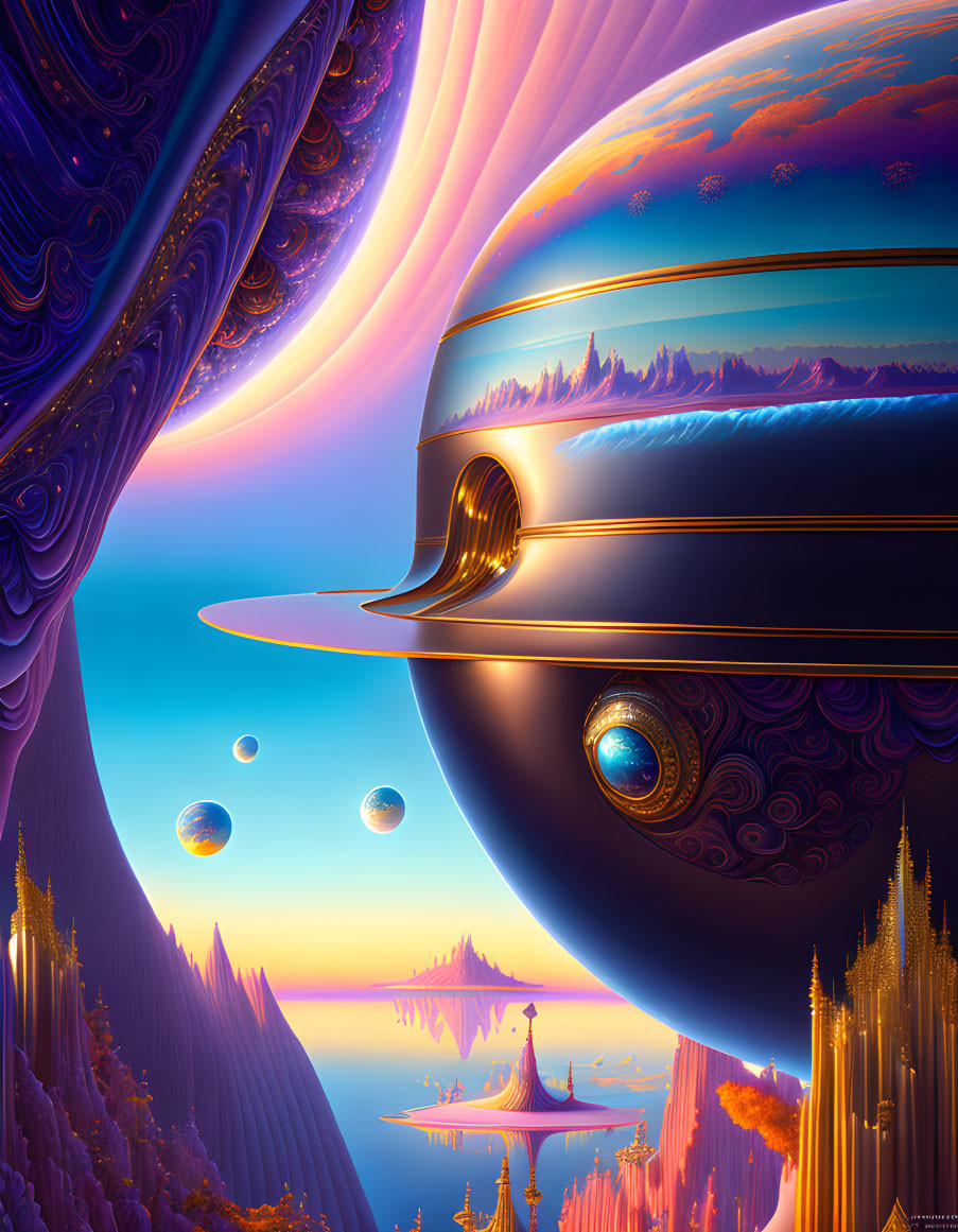 Surreal futuristic city with floating orbs and vibrant colors