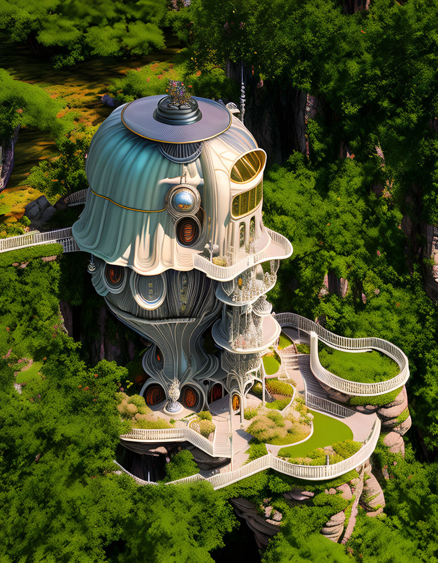 Futuristic treehouse with spiral staircases in lush greenery