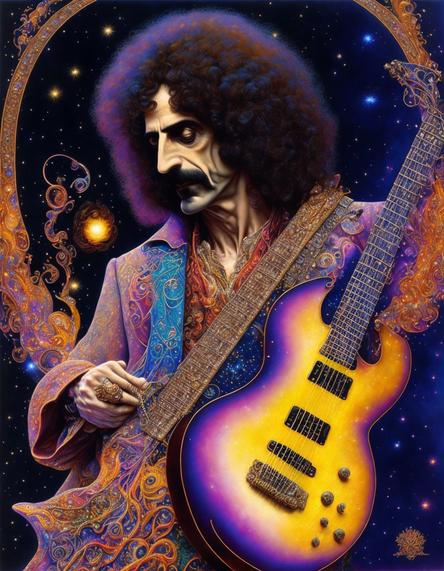 Stylized portrait of a man with dark curly hair and mustache, holding a guitar against cosmic