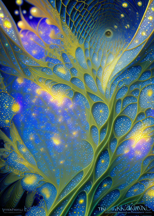 Colorful digital artwork: Tree with peacock feather motifs in cosmic background