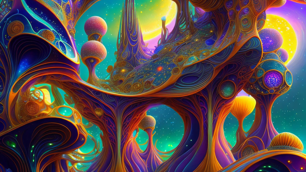 Colorful Alien Landscape with Swirling Trees and Glowing Orbs