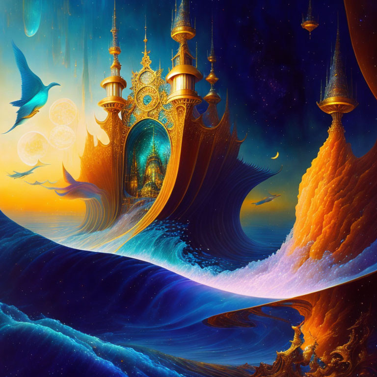 Fantasy Artwork: Golden palace, teal domes, swirling waves, floating islands.