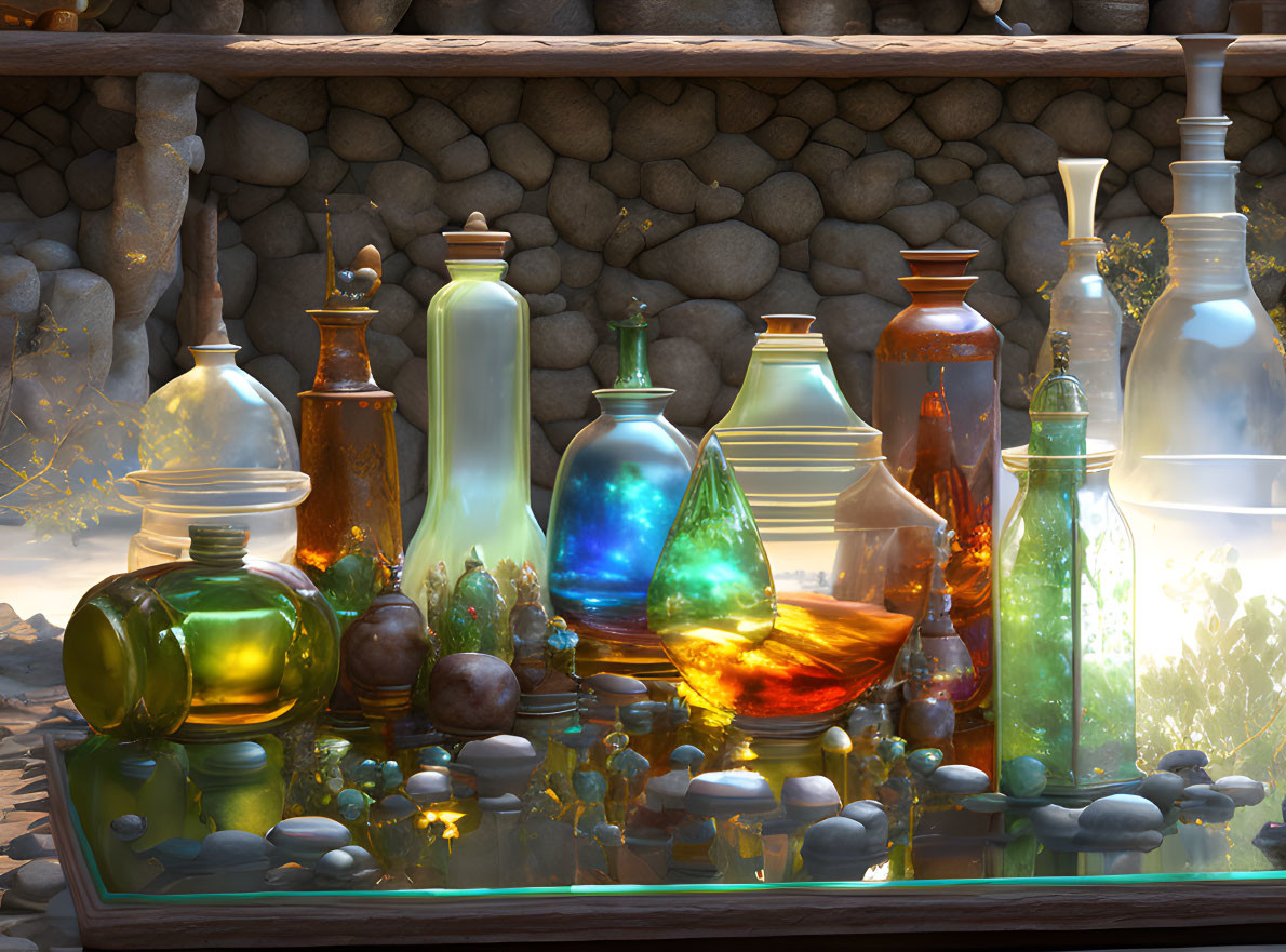 Colorful Luminous Potion Bottles on Reflective Surface