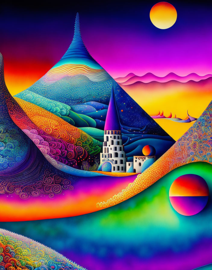 Colorful landscape with castle, swirls, and celestial bodies