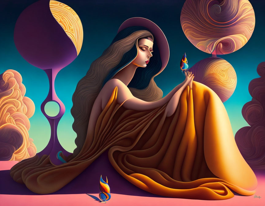 Surreal illustration of woman in wide-brimmed hat with flame and oversized scissors.